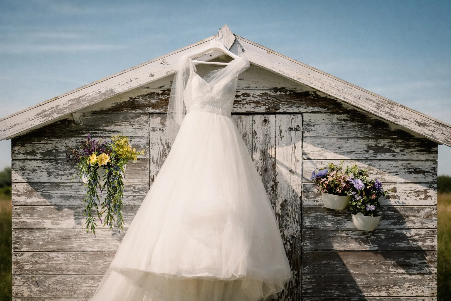 Elegant wedding dress hanging outside on rustic barn wall in Mecklenburg Germany
