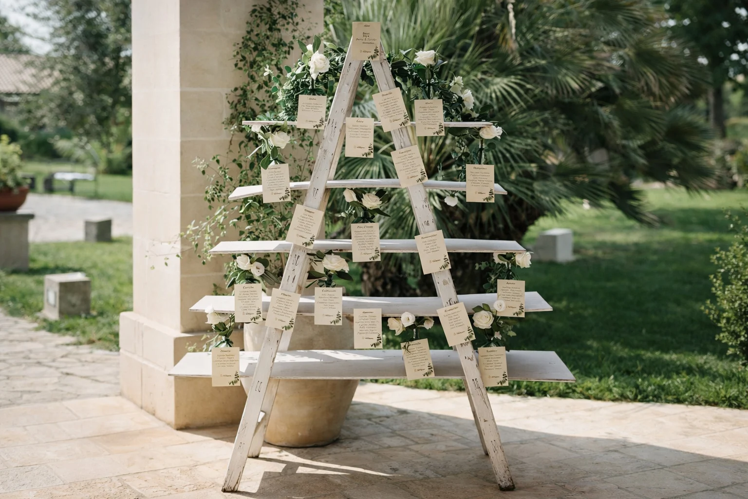 Rustic wedding seating chart decorated with flowers and greenery displayed outdoors during a wedding reception